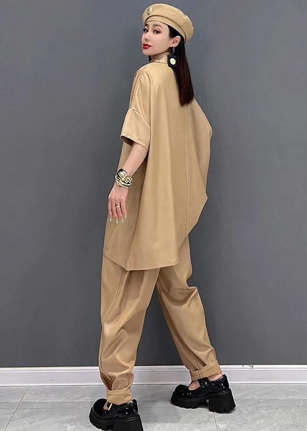 Khaki Peter Pan Collar Top and Pants Two Pieces Set Summer