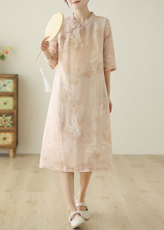 Pink Print Pockets Cotton Dress Half Sleeve