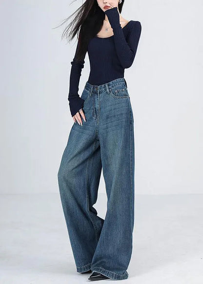 Blue Pockets High Waist Denim Wide Leg Pants Spring