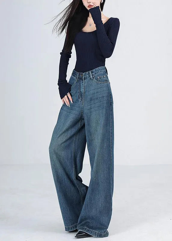 Blue Pockets High Waist Denim Wide Leg Pants Spring