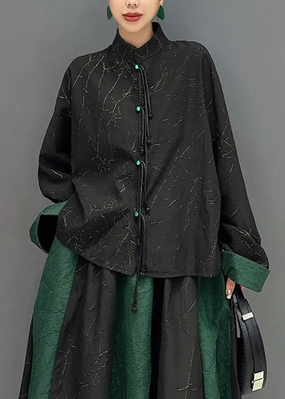 Black Patchwork Green Button Shirts and a Line Skirts Two Piece Set Fall