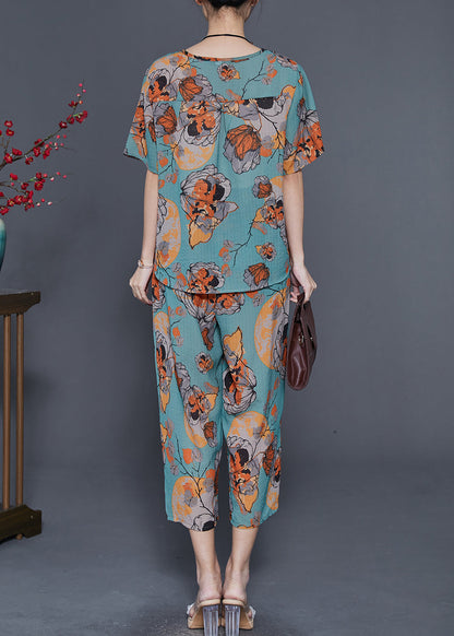 Diy Blue Oversized Print Linen Two Pieces Set Summer
