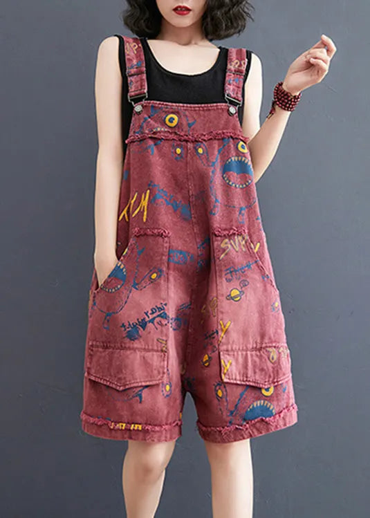 Red Slash Neck Print Patchwork Denim Jumpsuit Summer