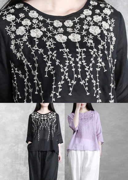 Black Embroideried Linen Top Three Quarter Sleeve
