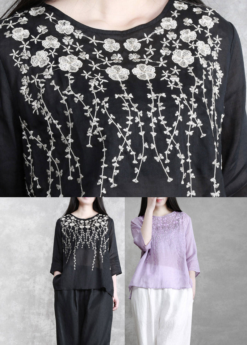 Boutique Violet O-neck Embroideried Linen Shirts Long Sleeve