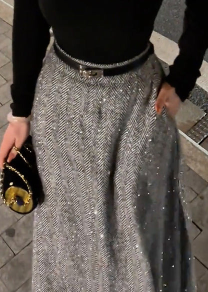 Grey Pockets High Waist Woolen Skirt Fall