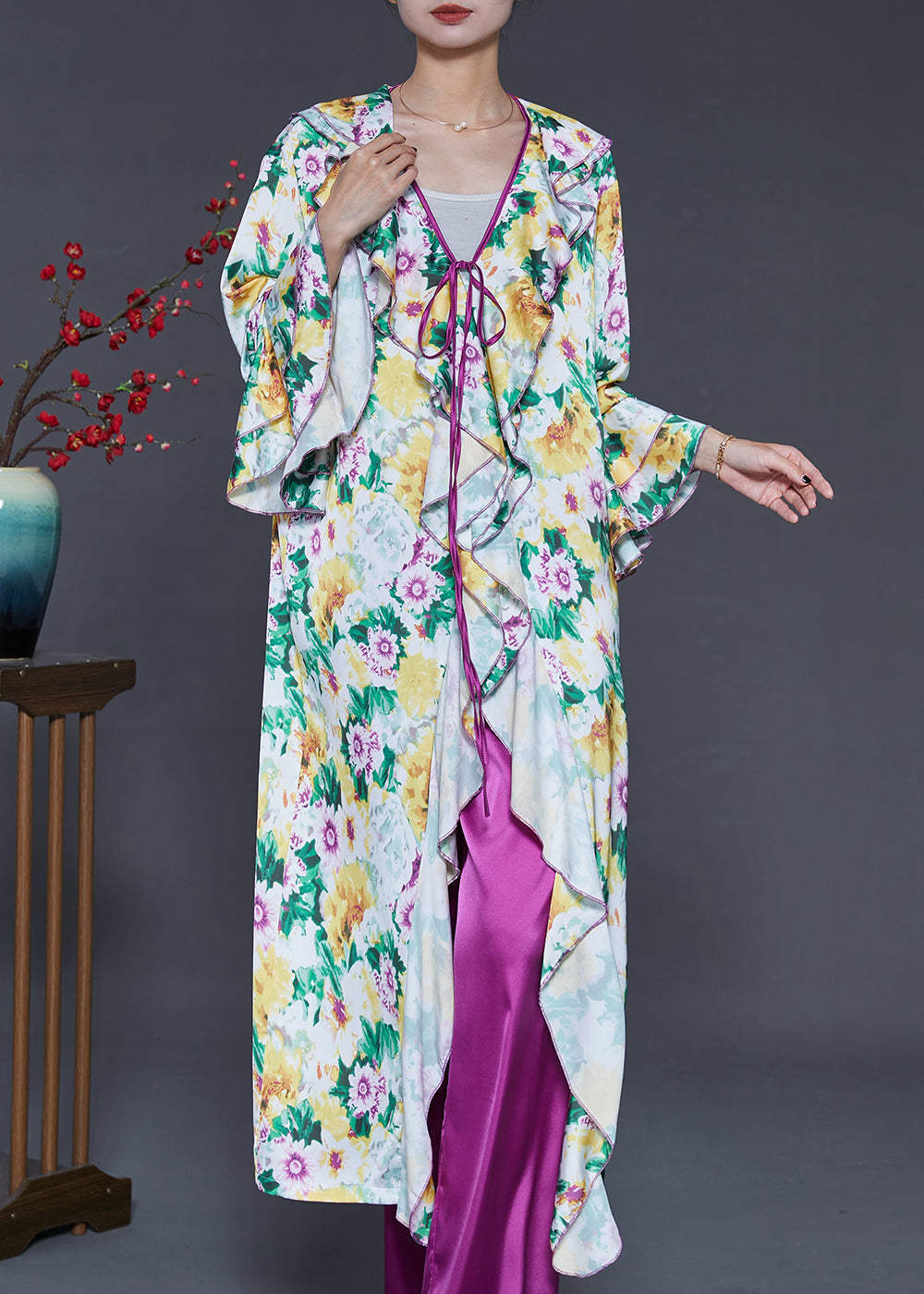 Ruffles Print Silk Two Piece Set Flare Sleeve
