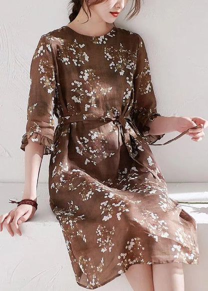 Chocolate Ruffled Patchwork Print Summer Ramie Dress Half Sleeve