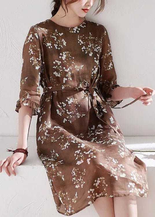 Chocolate Ruffled Patchwork Print Summer Ramie Dress Half Sleeve