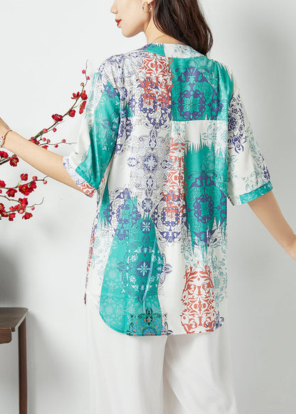 Light Blue Oversized Print Nail Bead Shirt Tops Summer