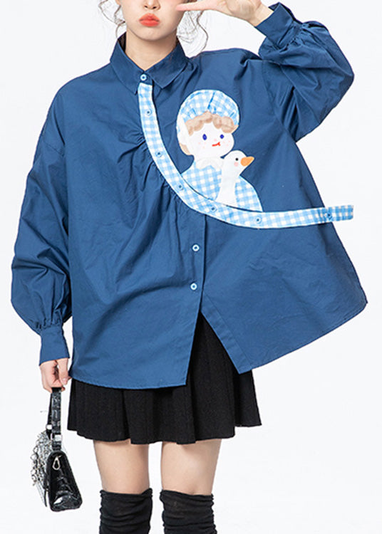 Blue Peter Pan Collar Print Button Cotton Shirts Long Sleeve