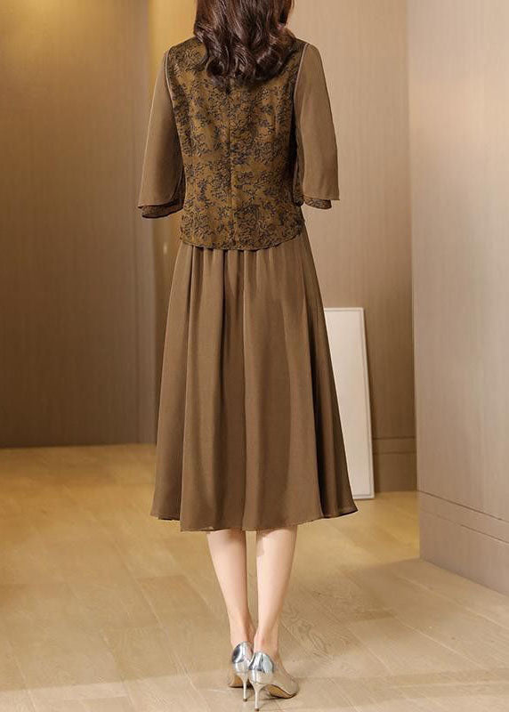 Coffee Peter Pan Collar Embroideried Silk Two Piece Set Summer