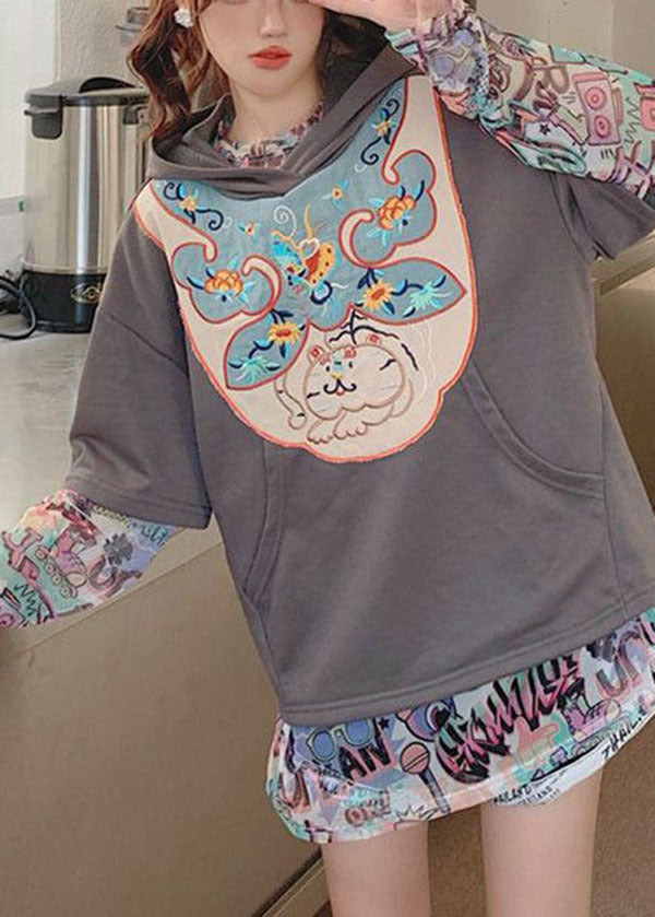 Art Grey Hooded Embroideried Print Cotton Two Piece Set Clothing