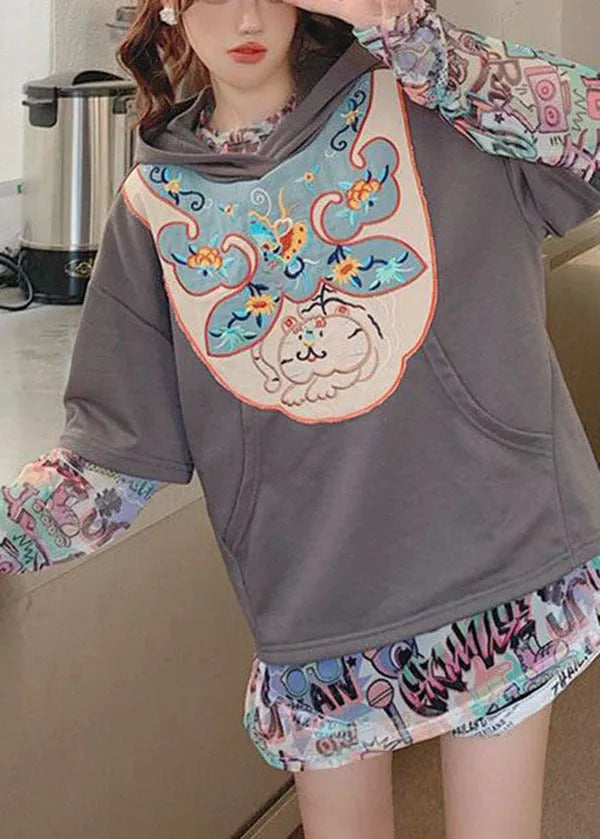 Art Grey Hooded Embroideried Print Cotton Two Piece Set Clothing