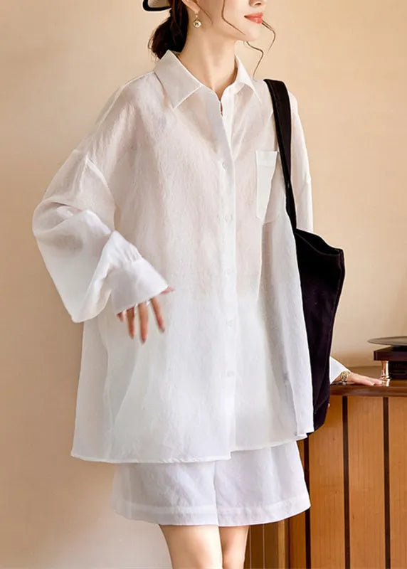 Simple White Pockets Shirts and Shorts Two Piece Suit Set Long Sleeve Spring