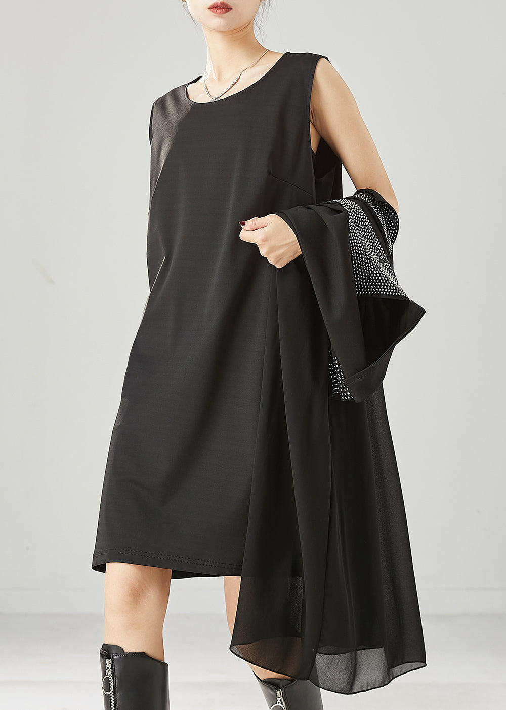 Black Oversized Rivet Chiffon Two Pieces Set Spring
