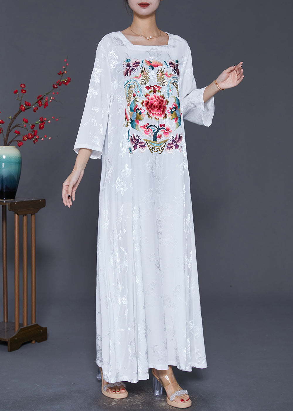 White Square Collar Embroideried Silk Ankle Dress Fall