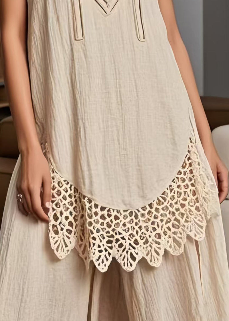 Beige Oversized Patchwork Lace Tanks Summer