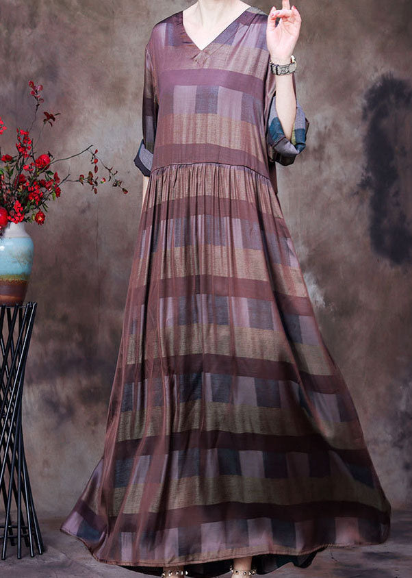 Chocolate V Neck Plaid Wrinkled Long Dresses Long Sleeve