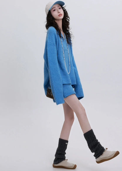 Diy Blue V Neck Asymmetrical Design Knit Two Piece Set Clothing Winter