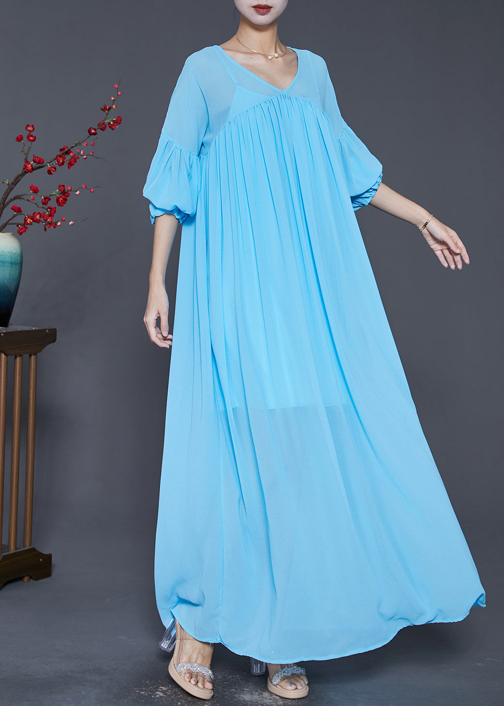 Lake Blue Oversized Wrinkled Chiffon Maxi Dress Fall