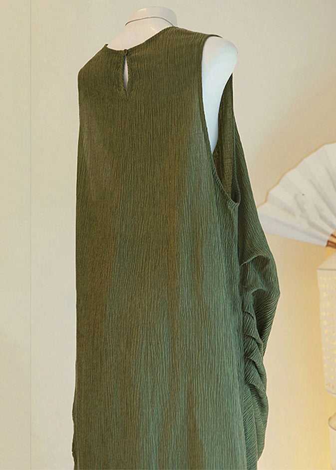 Green Asymmetrical Button Cotton Two Pieces Set Sleeveless