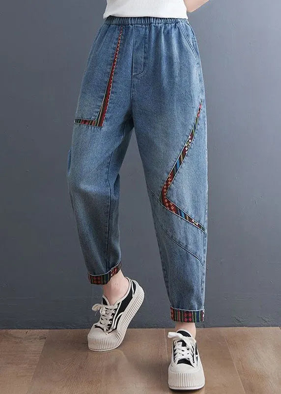 Blue Pockets Patchwork Denim Harem Pants Summer