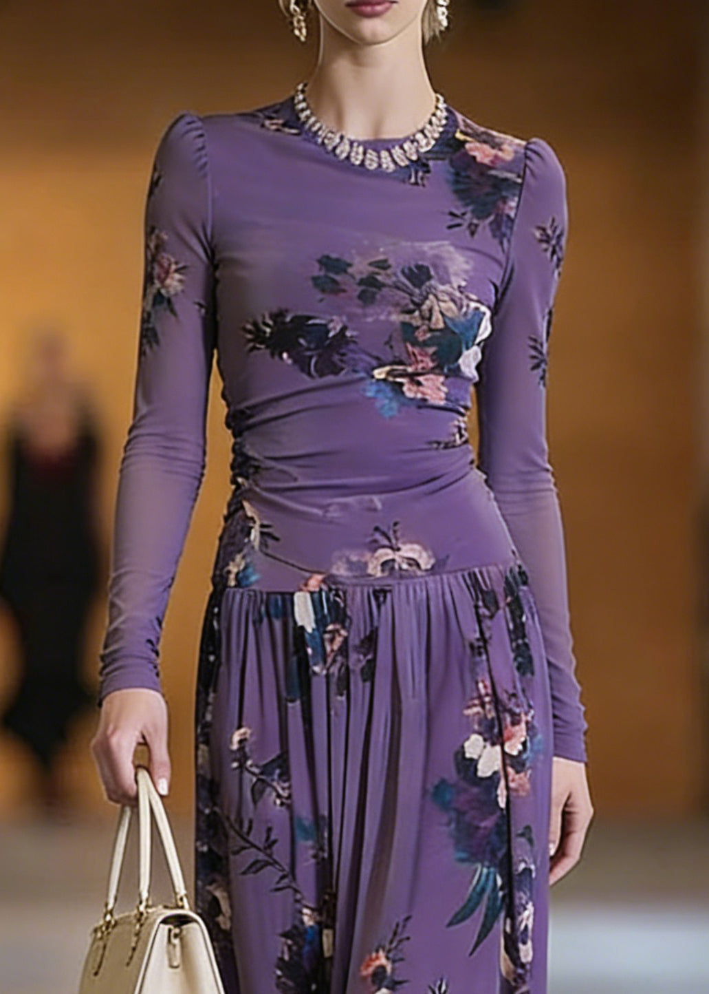 Purple O-neck Print Top and Maxi Skirts Two Pieces Set Spring