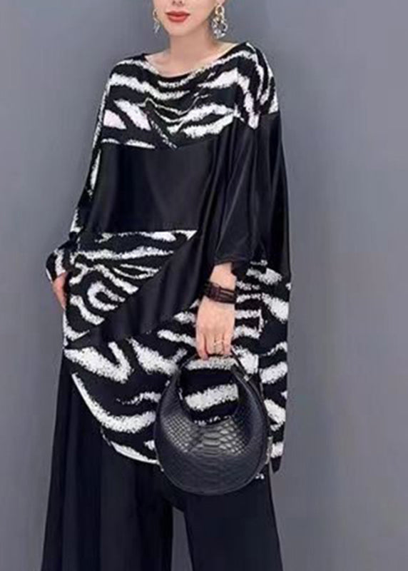 Black White Striped O-neck Patchwork Silk Shirt Summer