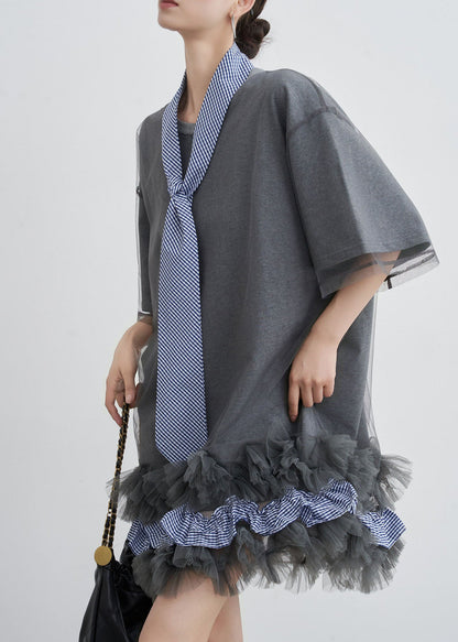 Stylish Grey O Neck Tulle Patchwork Cotton T Shirt Dresses Summer