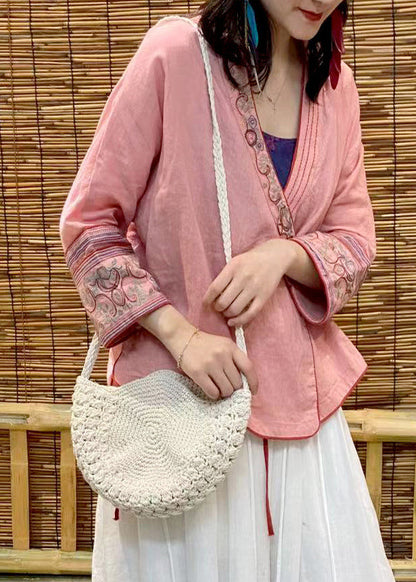 Modern Pink V Neck Embroideried Linen Tops Long Sleeve