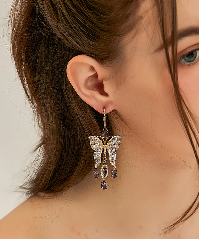 Purple Copper Zircon Crystal Butterfly Tassel Drop Earrings