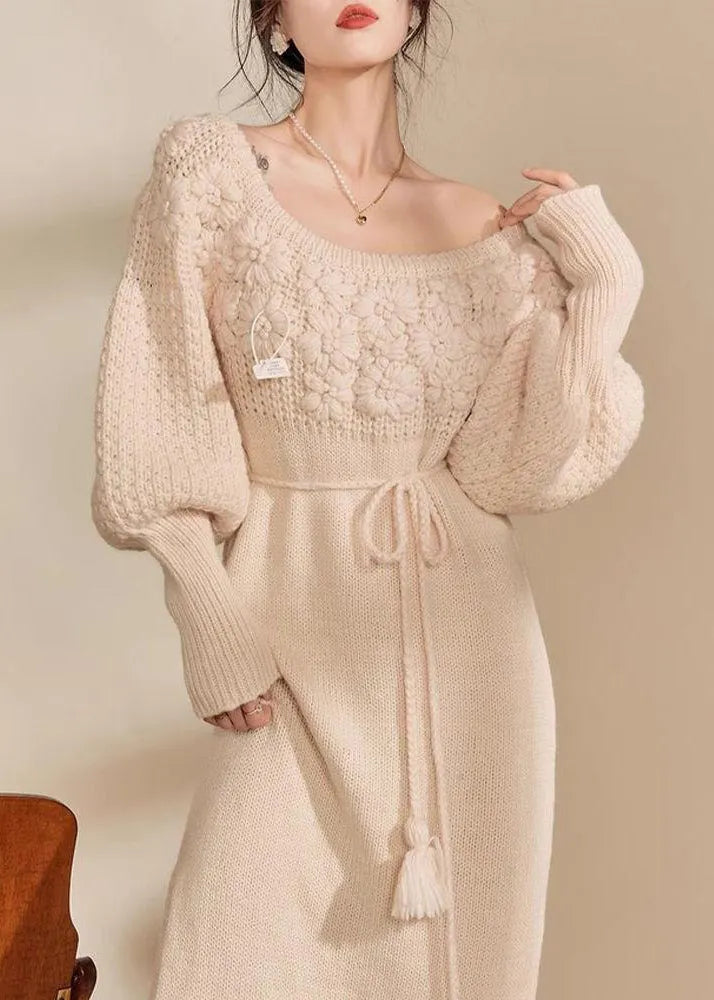 Style Beige Cold Shoulder Tie Waist Cotton Knit Long Dress Winter