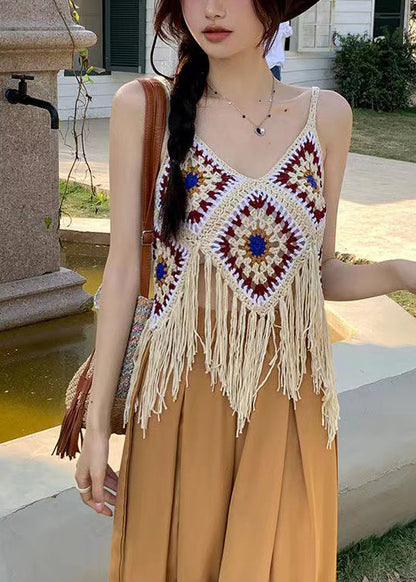 Apricot Hollow Out Tasseled Strap Tank Summer