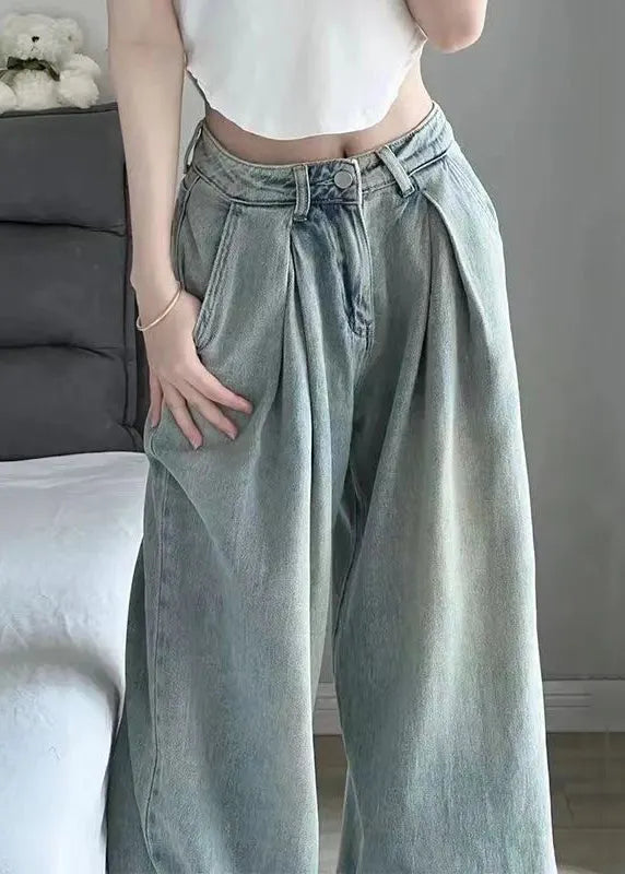 Blue Button Pockets High Waist Denim Pants Summer