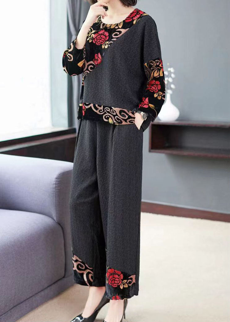 Black Embroideried Tops and Wide Leg Pants Cotton Two Piece Set Fall