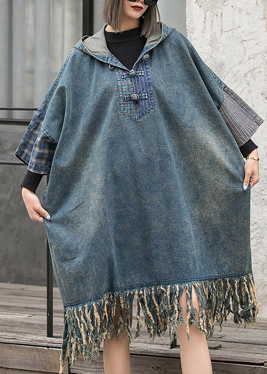 Blue Hooded Patchwork Tasseled Denim Dress Batwing Sleeve