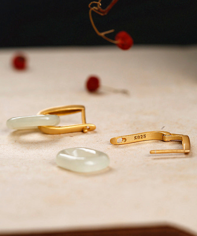 Gold Sterling Silver Overgild Jade Hoop Earrings