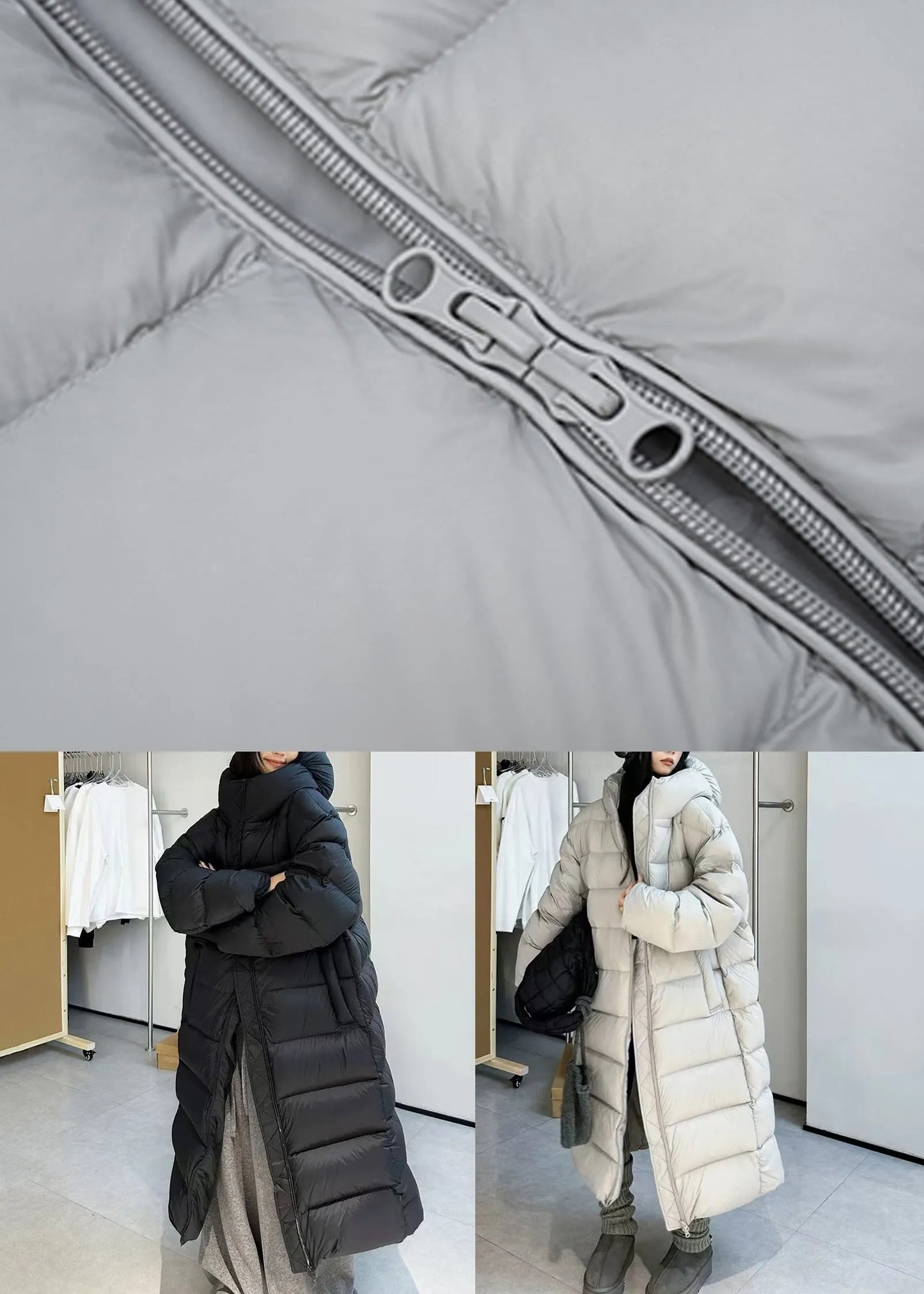 Loose Black Hooded Drawstring Duck Down Long Coats Winter