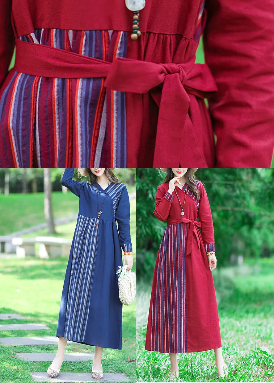 Blue V Neck Striped Patchwork Linen Long Dress Spring