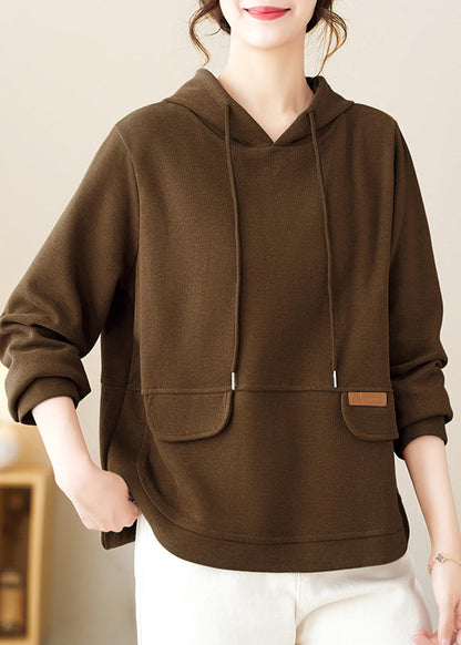 Coffee Hooded Patchwork Simple Cotton Pullover Fall