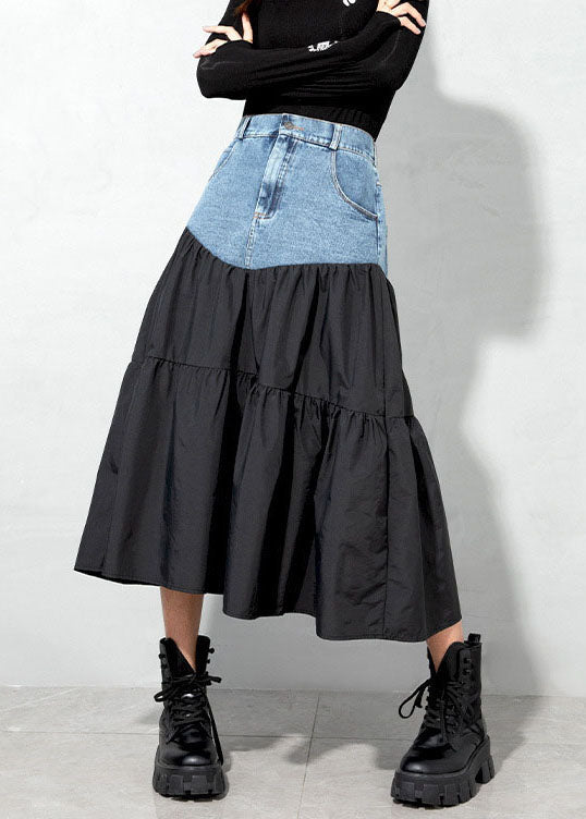 Loose Black Denim Patchwork Skirt Spring