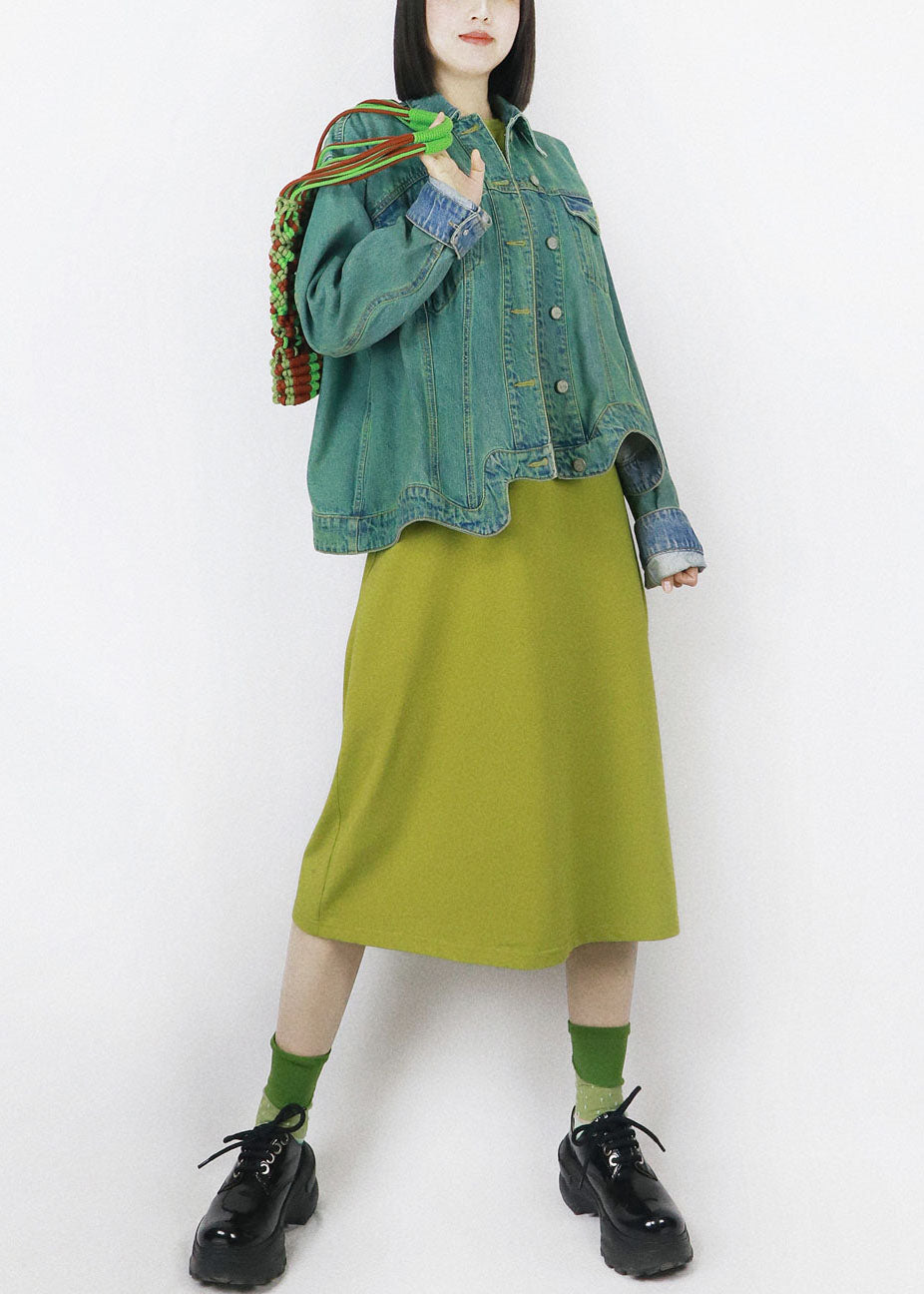 French Green O-neck Oversized Color Cotton Maxi Dress Half Sleeve