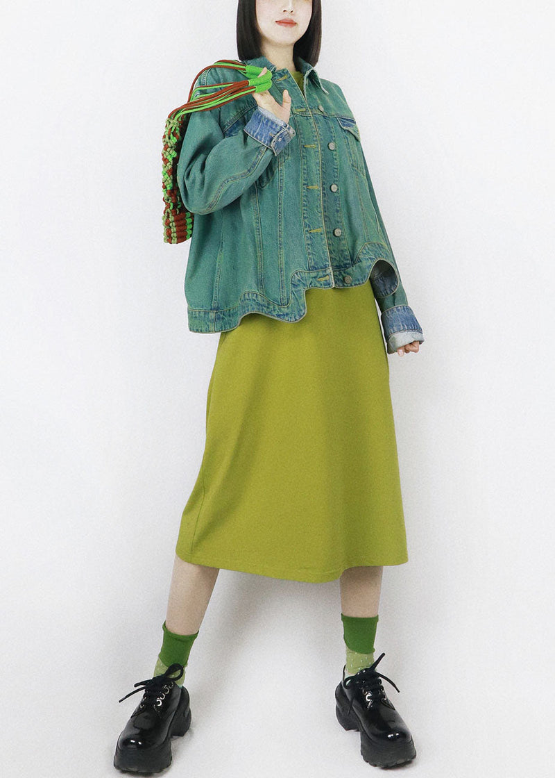 French Green O-neck Oversized Color Cotton Maxi Dress Half Sleeve