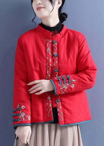 Orange Embroidered Button Cotton Filled Coats Winter
