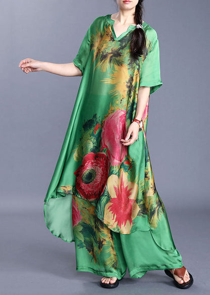 Green V Neck Print Silk Two-piece Set Short Sleeve