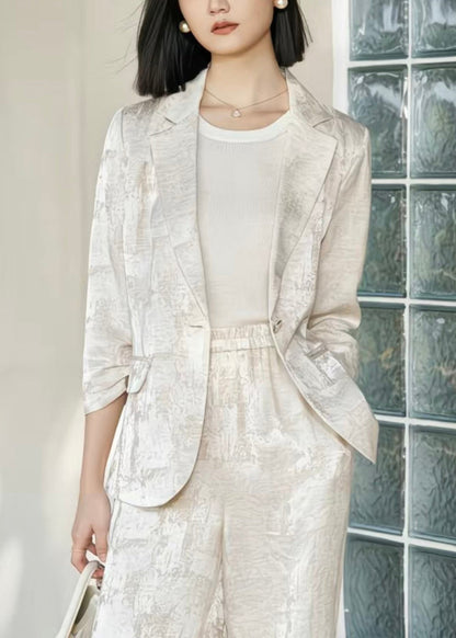 Beige Notched Tie Dye Linen Coats Fall