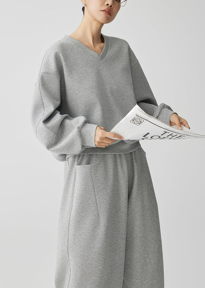 Grey Oversized Cotton Pullover Sweatshirt Two Piece Set Fall