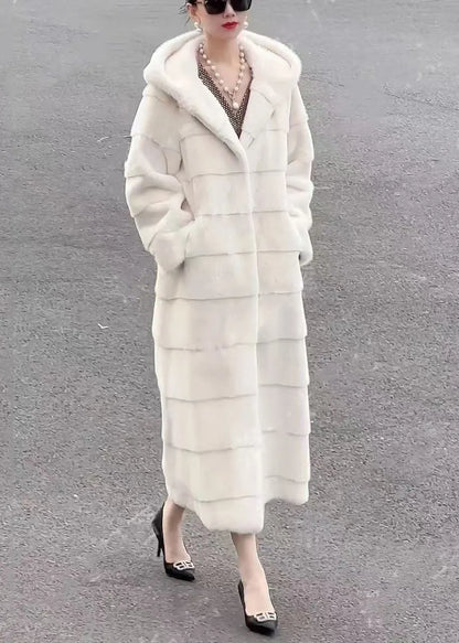 Beige Hooded Pockets Leather and Fur Long Coats Winter