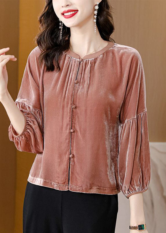 Orange O-neck Patchwork Silk Velour Shirts Bracelet Sleeve